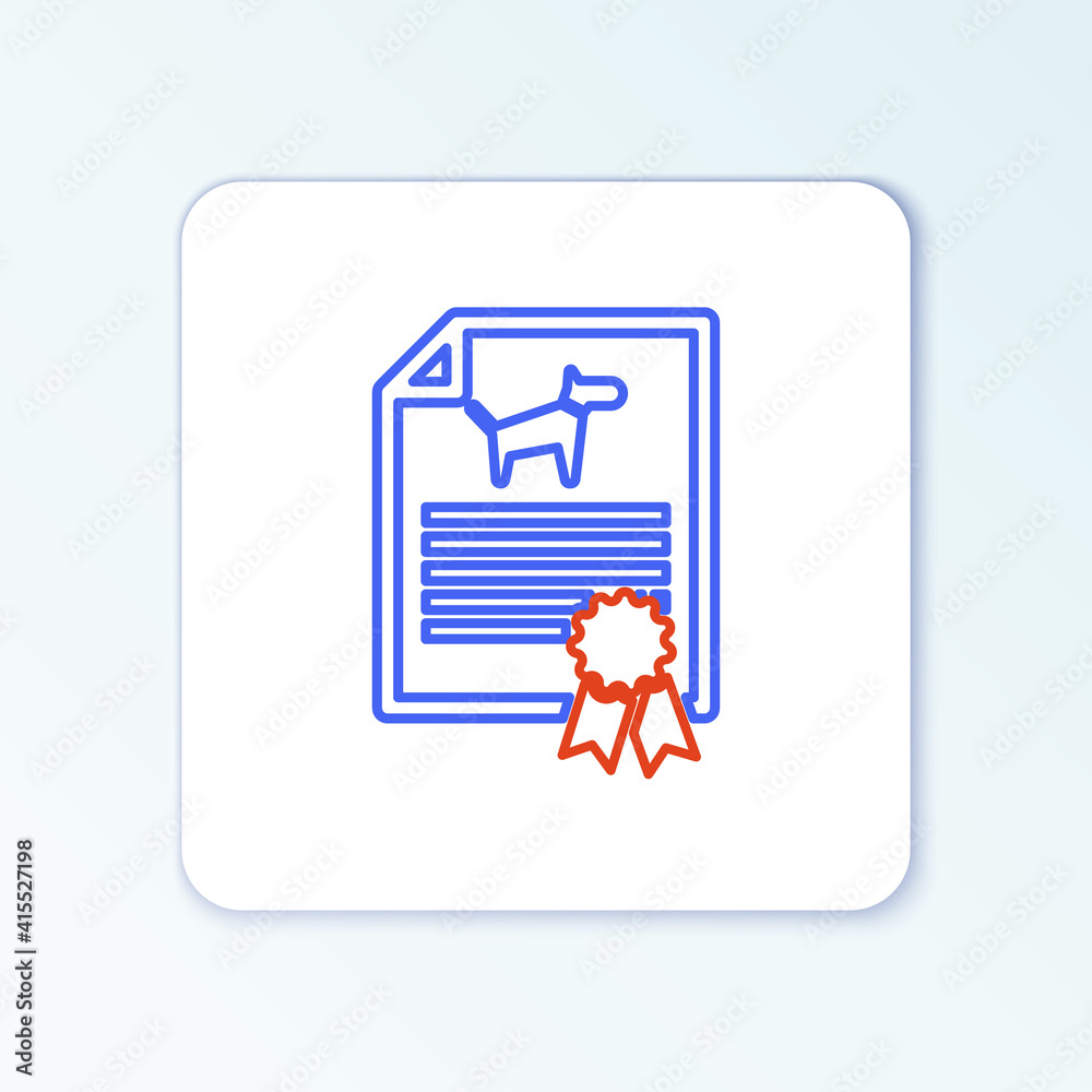 Line Medical certificate for travel with dog or cat icon isolated on white background. Document for pet. Dog or cat paw print. Colorful outline concept. Vector. Line Medical certificate for travel with dog or cat icon isolated on white background. Document for pet. Dog or cat paw print. Colorful outline concept. Vector.