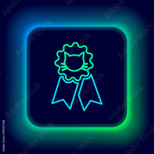 Glowing neon line Cat award symbol icon isolated on black background. Medal with cat footprint as pets exhibition winner concept. Colorful outline concept. Vector.