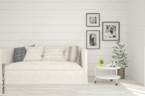 White living room with sofa. Scandinavian interior design. 3D illustration