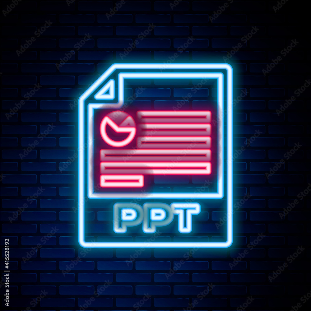 Glowing neon line PPT file document. Download ppt button icon isolated on brick wall background. PPT file presentation. Colorful outline concept. Vector. Glowing neon line PPT file document. Download ppt button icon isolated on brick wall background. PPT file presentation. Colorful outline concept. Vector.