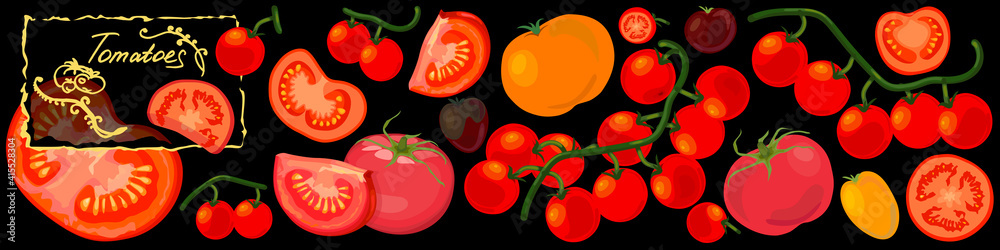 Tomatoes background. Whole and sliced tomatoes including yellow and