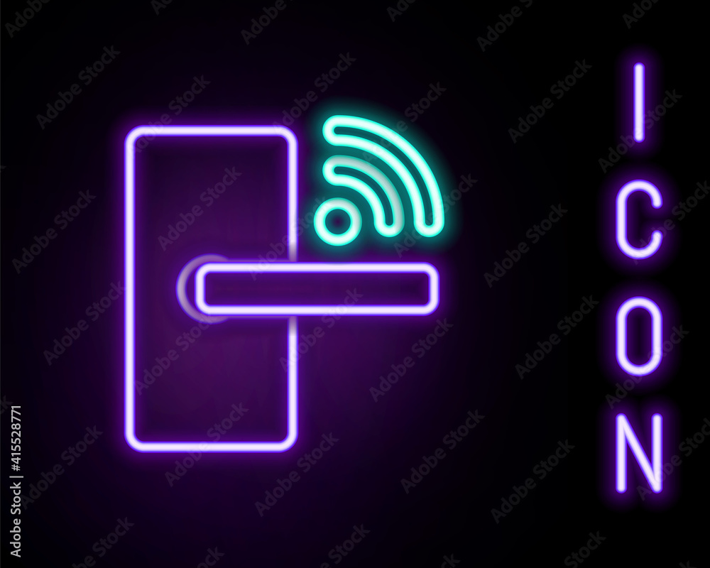 Glowing neon line Digital door lock with wireless technology for unlock icon isolated on black background. Door handle sign. Security smart home. Colorful outline concept. Vector. Glowing neon line Digital door lock with wireless technology for unlock icon isolated on black background. Door handle sign. Security smart home. Colorful outline concept. Vector.