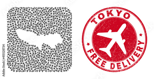 Vector collage Tokyo Prefecture map of air force items and grunge Free Delivery stamp.