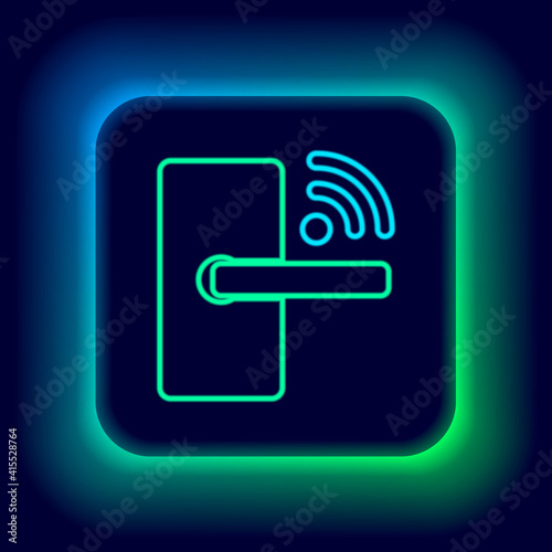 Glowing neon line Digital door lock with wireless technology for unlock icon isolated on black background. Door handle sign. Security smart home. Colorful outline concept. Vector.