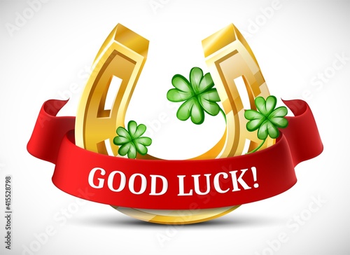 Vector cartoon style golden horseshoe with clover leaves and good luck red ribbon with space for your text.