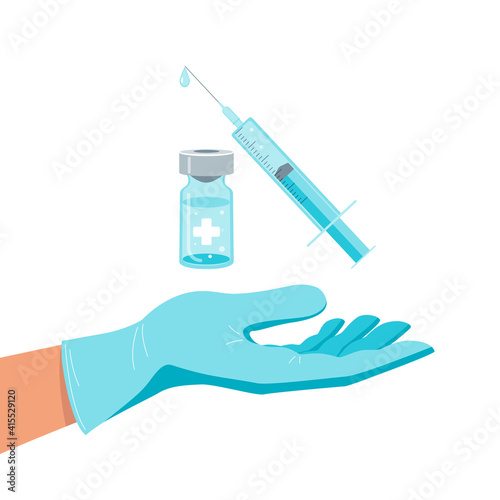 Ampoule vaccine syringe and doctor's hand isolated on white background. Vaccination concept. Stock vector illustration. 
