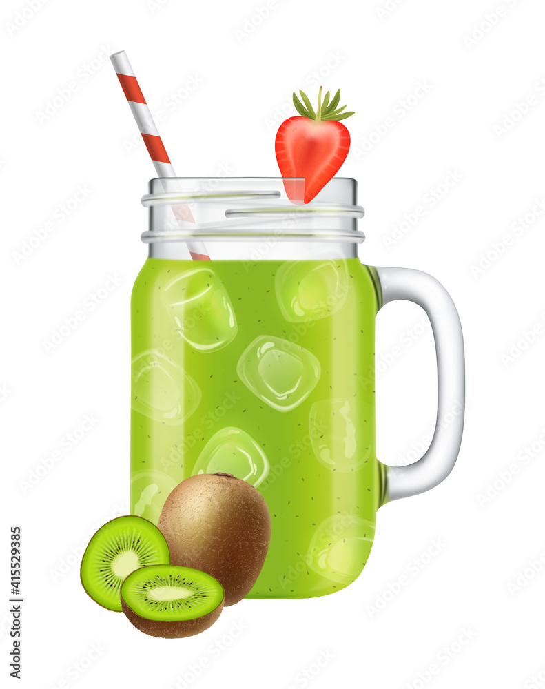 Set of isolated realistic jar images with smoothie cocktails fruit slices and straws on blank background vector illustration