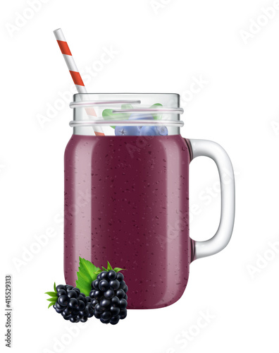 Set of isolated realistic jar images with smoothie cocktails fruit slices and straws on blank background vector illustration