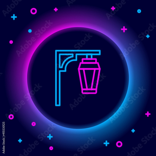 Glowing neon line Vintage street light icon isolated on black background. Colorful outline concept. Vector.
