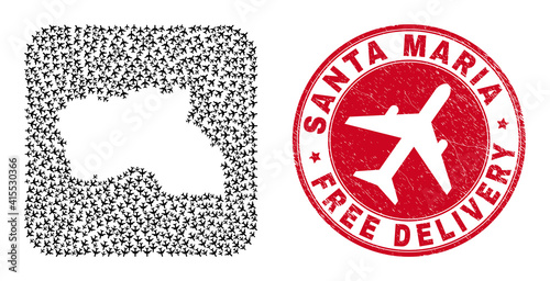Vector mosaic Santa Maria Island map of airplane elements and grunge Free Delivery stamp.