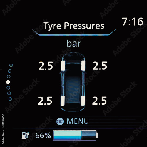 Close up of TPMS (Tire Pressure Monitoring System) monitoring display on modern car dashboard panel in full electric vehicle (EV). The pressure measurement given in bar. Right tyre pressure.