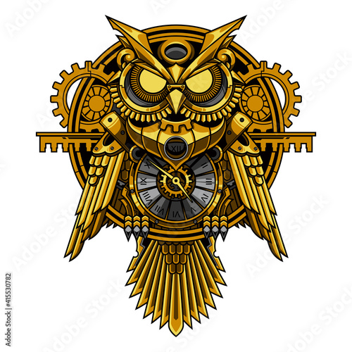 gold owl steampunk illustration and tshirt design