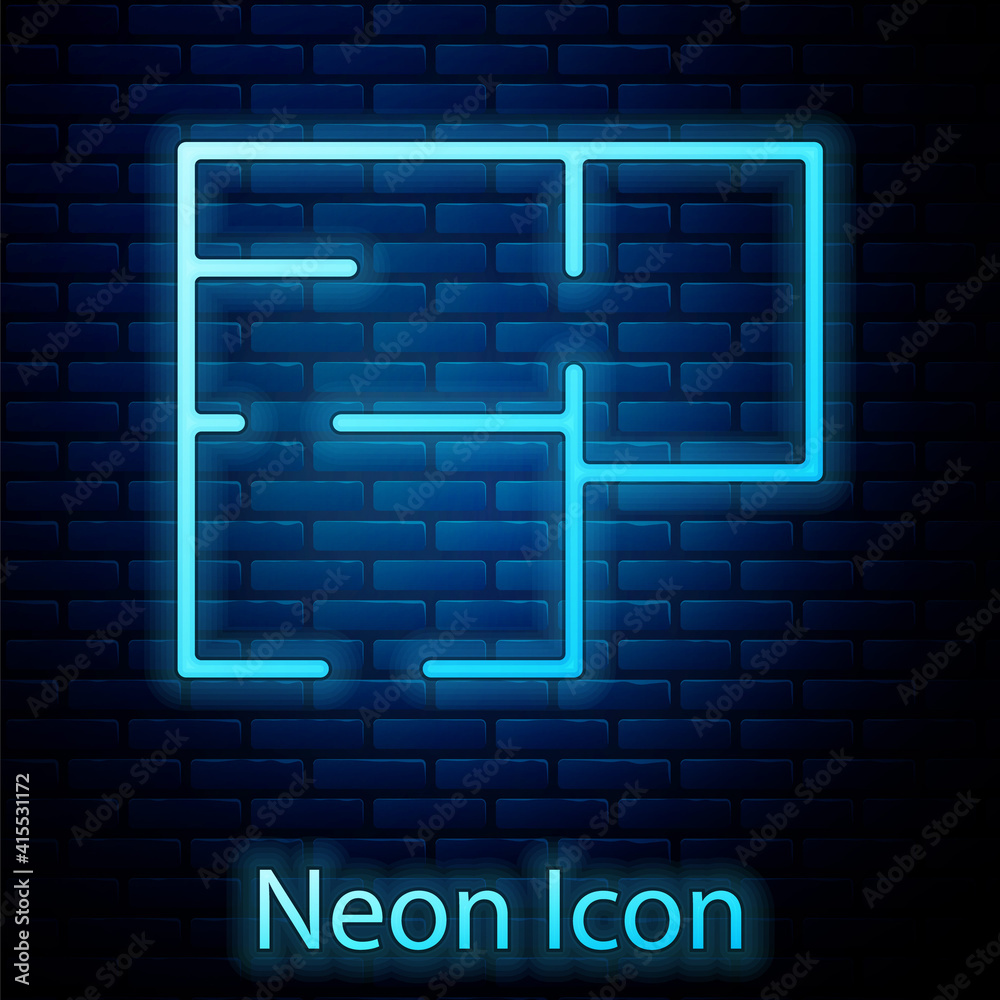 Glowing neon House plan icon isolated on brick wall background. Vector. Glowing neon House plan icon isolated on brick wall background. Vector.