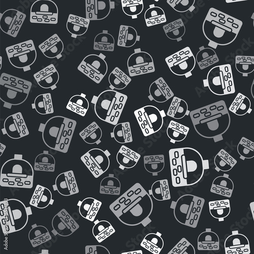 Grey Brick stove icon isolated seamless pattern on black background. Brick fireplace, masonry stove, stone oven icon. Vector.