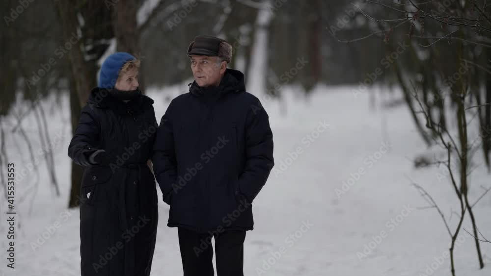 The slow motion of an elderly woman and an old man walking through the woods on a winter day, holding hands and talking, enjoying time together. The slow motion of an elderly woman and an old man walking through the woods on a winter day, holding hands and talking, enjoying time together.