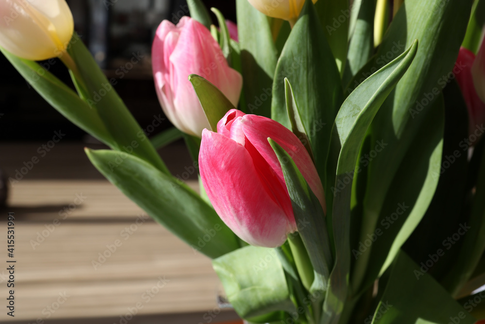 Spring bouquet of tulips on a blurred background Spring bouquet of tulips on a blurred background