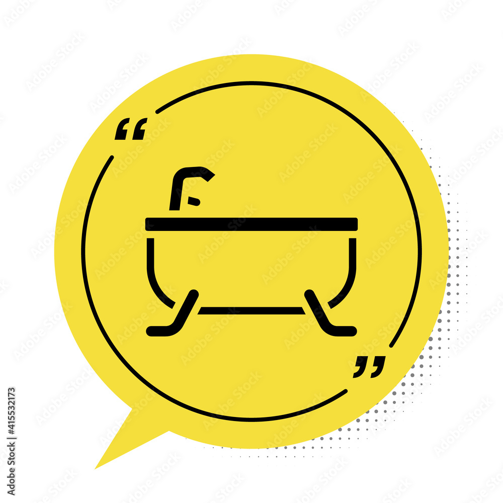 Black Bathtub icon isolated on white background. Yellow speech bubble symbol. Vector. Black Bathtub icon isolated on white background. Yellow speech bubble symbol. Vector.