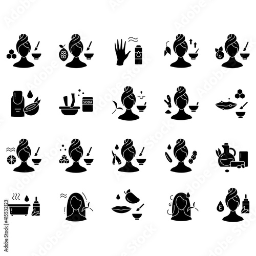 DIY natural skincare glyph icons set. Consists of facial masks, hair care, lip care, essential oil bath etc. Facial beauty treatment.Filled flat signs. Isolated silhouette vector illustrations