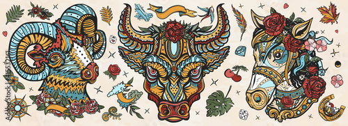 Farm animals portrait. Cute ram, evil bull, beautiful horse. Cartoon character. Old school tattoo vector collection. Traditional tattooing style
