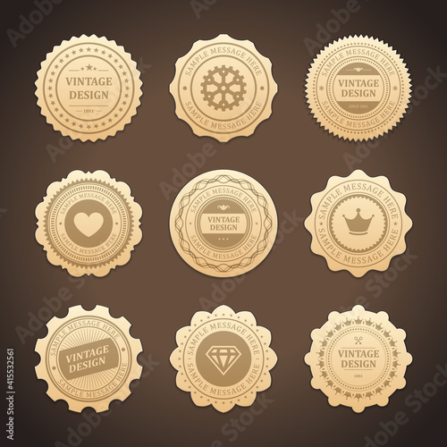 Stickers with vintage gold design vector label. Shabby heart and wrinkled crown tags promote new brands.
