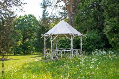 Rustic gazebo made of birch tree limbs in the park. Canopy made of birch tree branches.