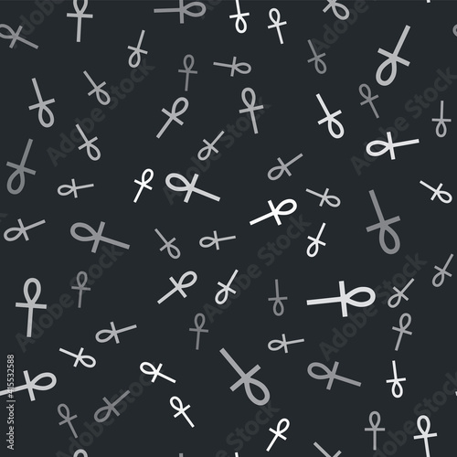 Grey Cross ankh icon isolated seamless pattern on black background. Vector.