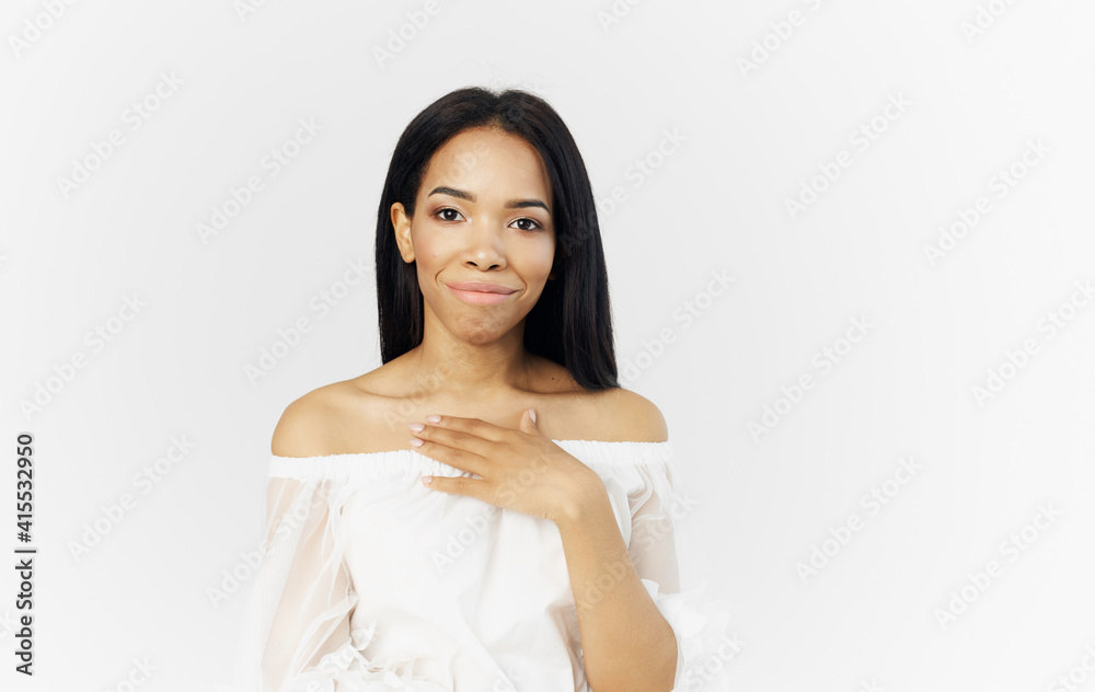 Pretty African woman appearance white dress attractive appearance light background Pretty African woman appearance white dress attractive appearance light background