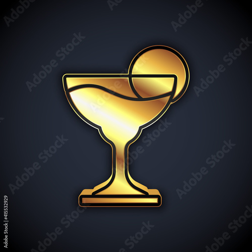 Gold Margarita cocktail glass with lime icon isolated on black background. Vector.