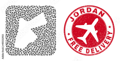 Vector mosaic Jordan map of air force items and grunge Free Delivery seal stamp. Mosaic geographic Jordan map created as subtraction from rounded square shape using coming out aviation items.