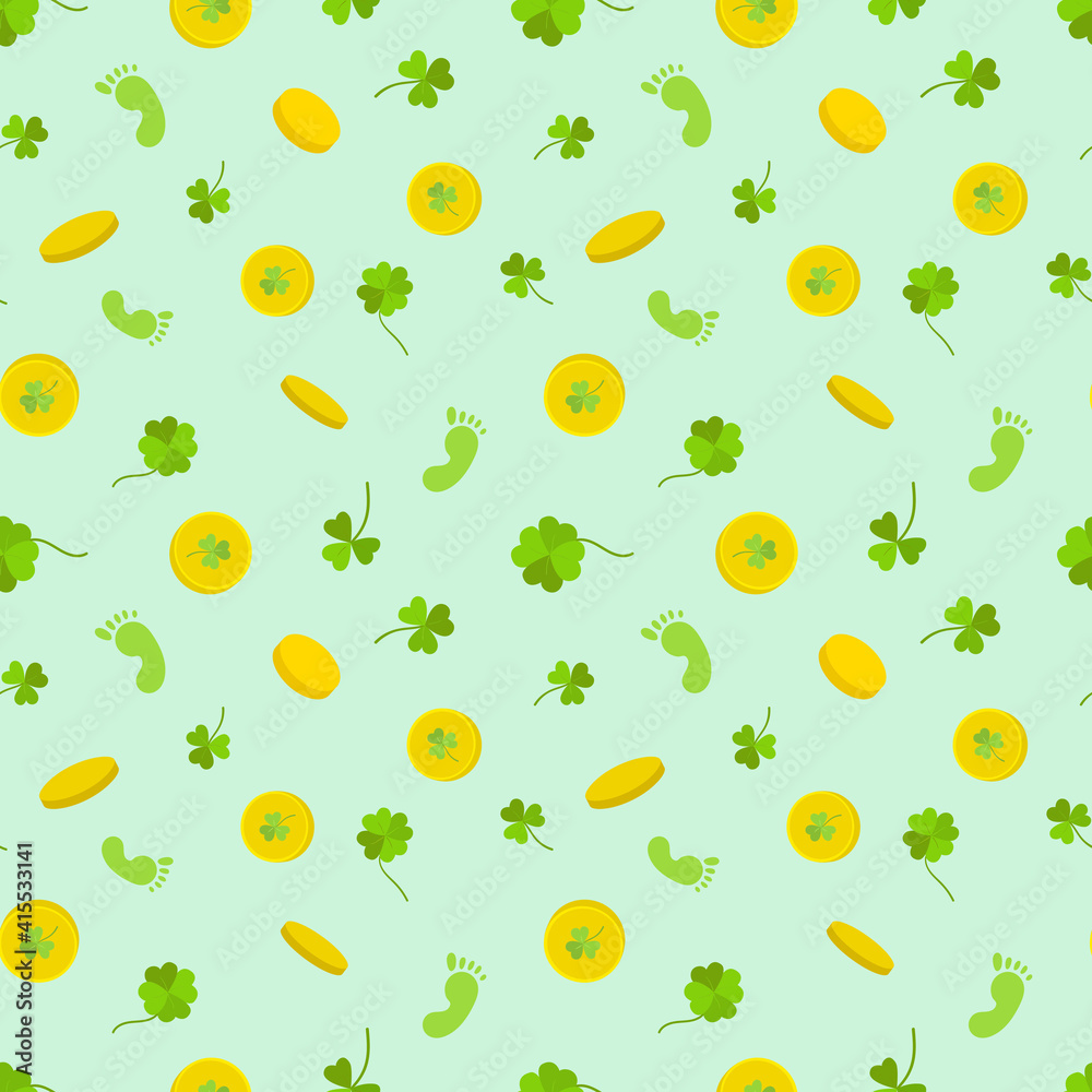 Seamless vector pattern for St. Patrick's Day with clover, gold coins, on a colored background, for cards, gifts, packaging, holiday Seamless vector pattern for St. Patrick's Day with clover, gold coins, on a colored background, for cards, gifts, packaging, holiday