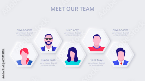 Neumorphism template of our business team. Skeuomorph presentation concept slide