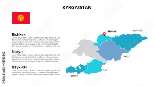 Kyrgyzstan vector map infographic template divided by states, regions or provinces. Slide presentation