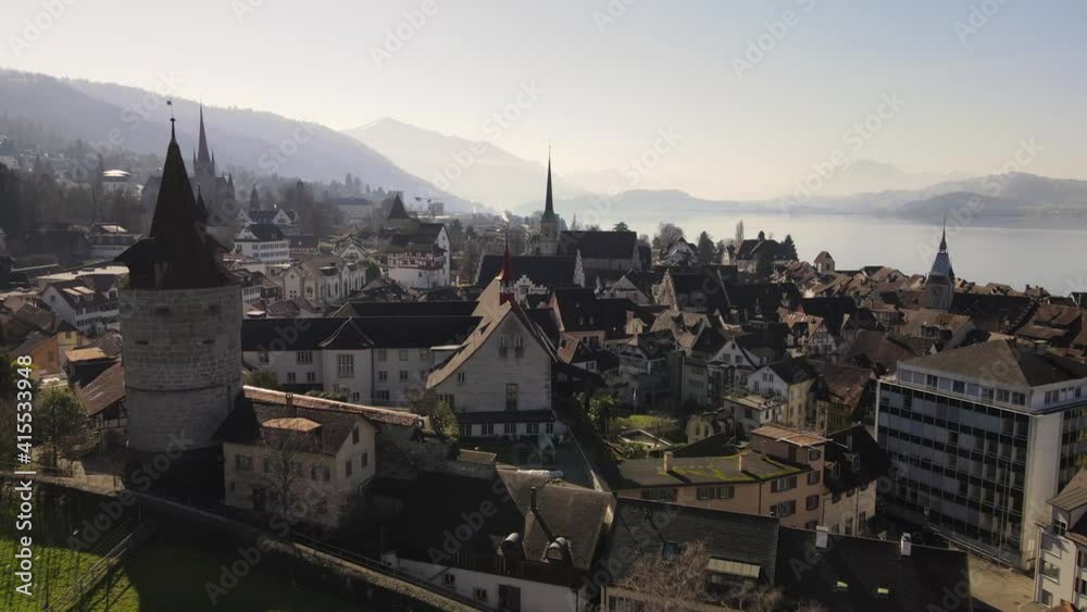Drone footage of the city of Zug, Switzerland. 