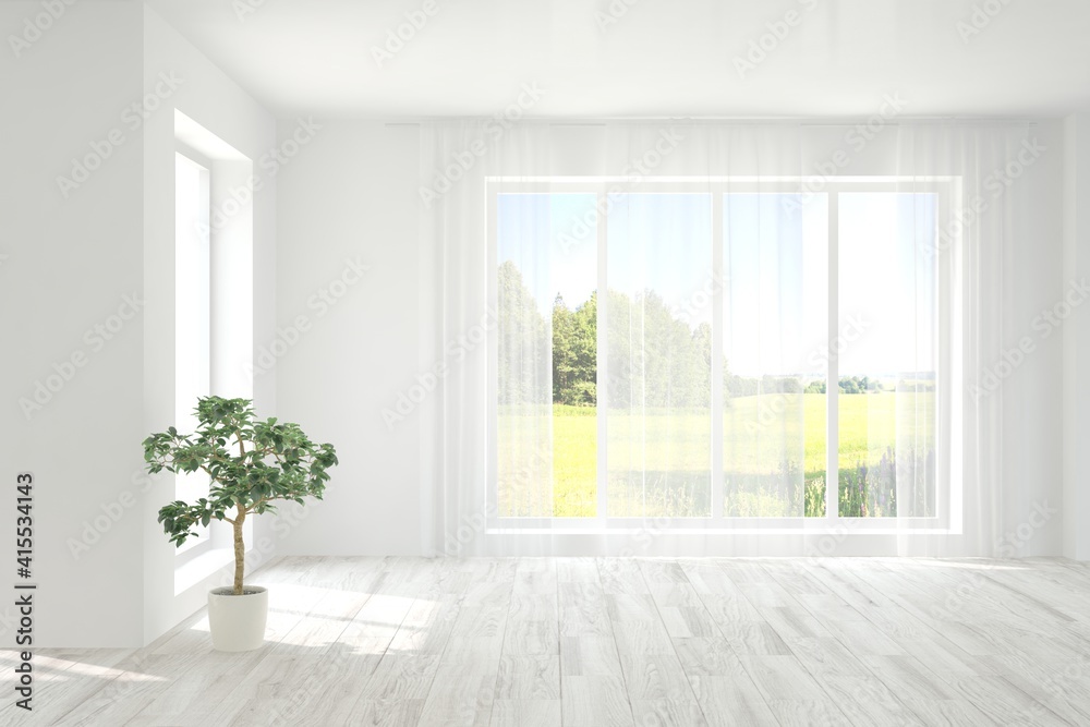 White empty room with summer landscape in window. Scandinavian interior design. 3D illustration White empty room with summer landscape in window. Scandinavian interior design. 3D illustration
