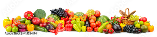 Wide panoramic photo fruits and vegetables isolated on white