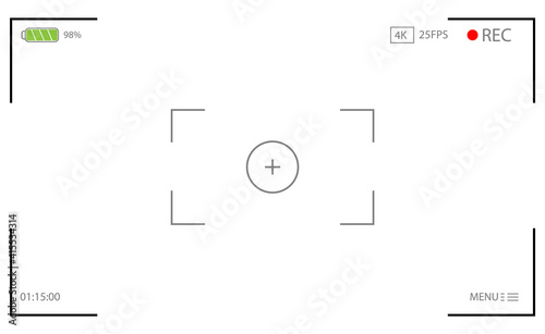  Video camera viewfinder. Recording view frame. Cinema rec viewing screen. Vector illustration of video filming or shooting camera recording display. Digital display interface.
