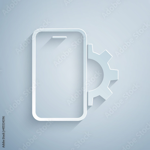 Paper cut Phone repair service icon isolated on grey background. Adjusting, service, setting, maintenance, repair, fixing. Paper art style. Vector.