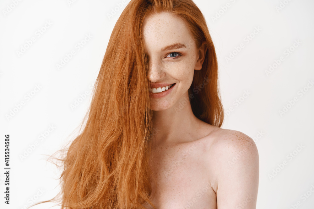 Haircare Beautiful Babe Woman With Long Healthy Red Hair Smiling At Camera Pale Female Model