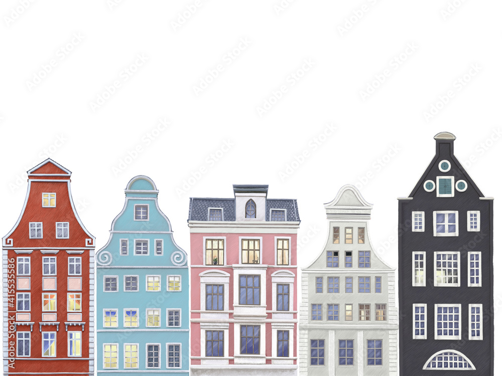 Illustration of the facades of ancient European houses.