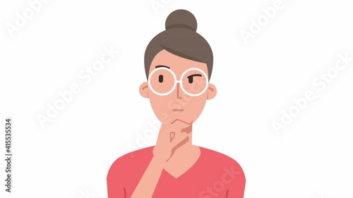 Concept of a great idea, brainstorming. woman thinking and looking for answer, hand gesture, index finger up. Solution of the problem, right decision, Eureka. 2d character animation photo