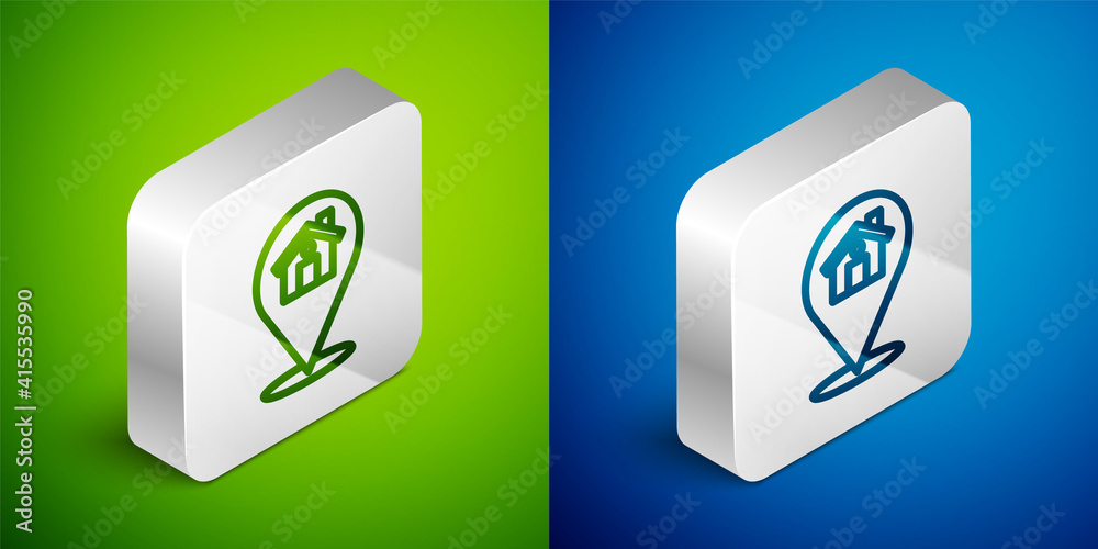 Isometric line Map pointer with house icon isolated on green and blue background. Home location marker symbol. Silver square button. Vector.