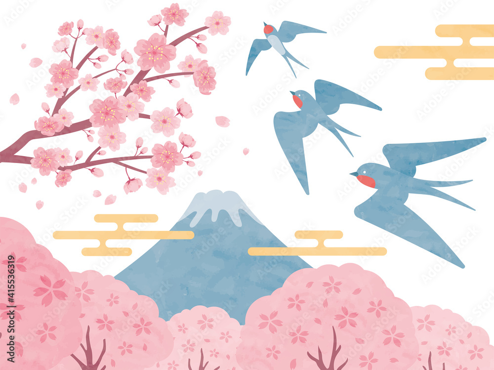 桜と富士山とつばめ 水彩風イラストセット Stock Vector Adobe Stock