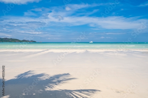 Tropical beach with coconut palm tree shadows on white sand, copy space, travel summer concept