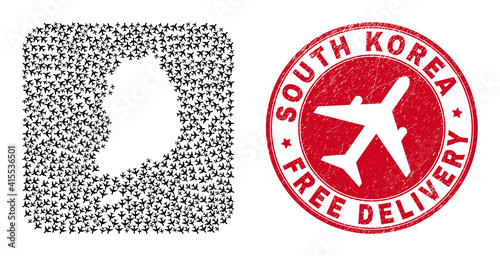 Vector mosaic South Korea map of aviation elements and grunge Free Delivery seal stamp. Mosaic geographic South Korea map designed as stencil from rounded square with flying out aviation items.