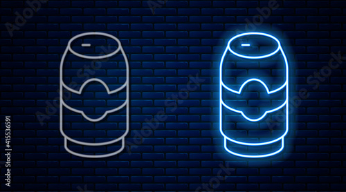 Glowing neon line Beer can icon isolated on brick wall background. Vector.