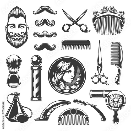 Shaving and haircut retro supplies vector label. Stylish vintage male and female face with old scissors and antique razors.