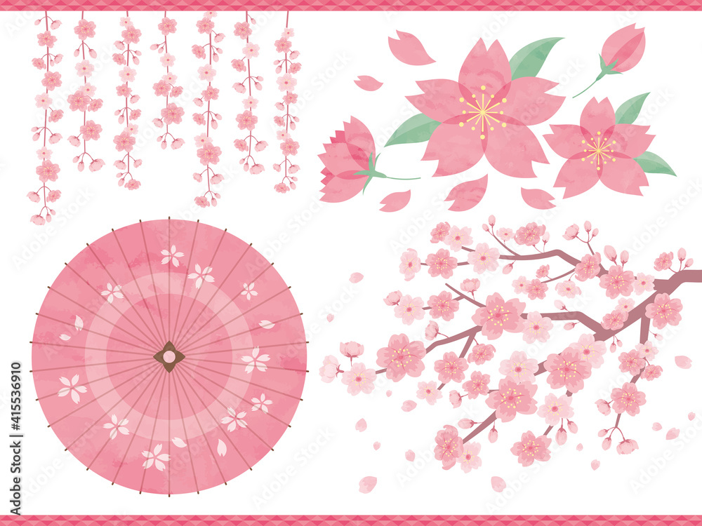 桜と枝垂れ桜の挿絵と和傘 水彩風イラストセット Stock Vector Adobe Stock