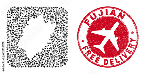 Vector mosaic Fujian Province map of airliner elements and grunge Free Delivery seal. Mosaic geographic Fujian Province map created as stencil from rounded square shape using flying out jet vehicles.