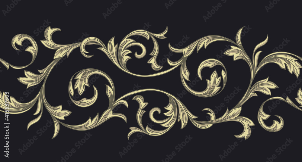 Vintage border. Baroque golden elements. Print on a black background. Vector seamless border. 