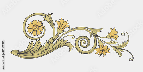 Vintage golden design elements of flowers. Vector print. Classical ornament.